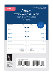 2027 Filofax Classic Pocket Refill, Week per Page, 81mm x 120mm
