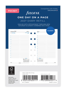 2027 Filofax Classic Pocket Refill, Day per Page with Appointments, 81mm x 120mm