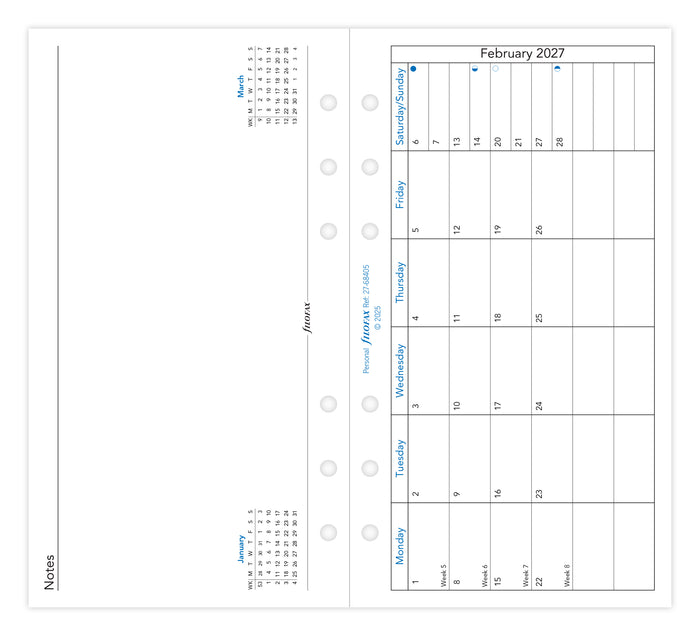 2027 Filofax Classic Personal Refill, Month To A Page With Notes, 95mm x 171mm