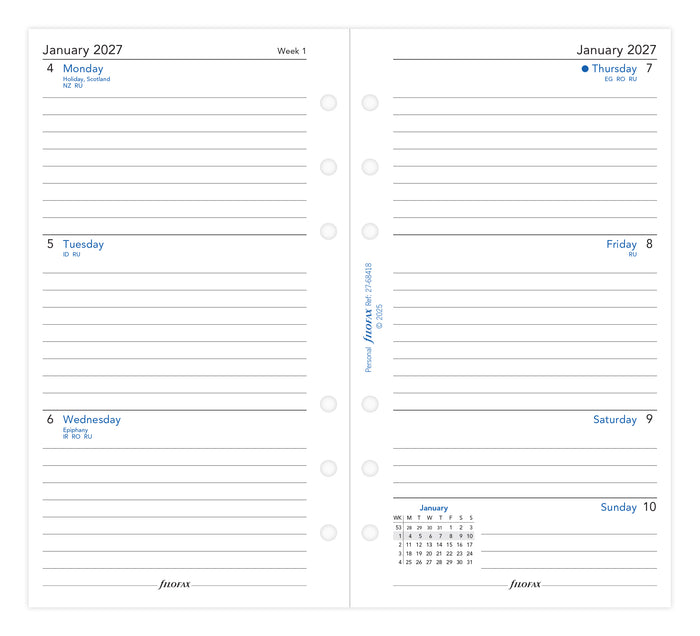 2027 Filofax Classic Personal Refill, Week To View, Ruled, 95mm x 171mm