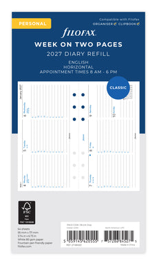 2027 Filofax Classic Personal Refill, Week To View with Appointments, Landscape, 95mm x 171mm
