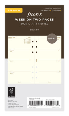 2027 Filofax Classic Personal Refill, Week To View, Cotton Creme, 95mm x 171mm