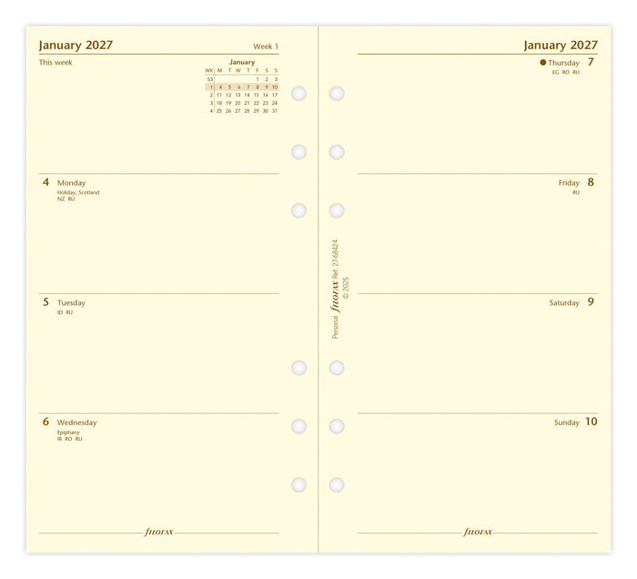 2027 Filofax Classic Personal Refill, Week To View, Cotton Creme, 95mm x 171mm