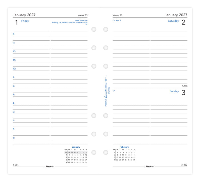 2027 Filofax Classic Personal Refill, Day Per Page With Appointments, 95mm x 171mm
