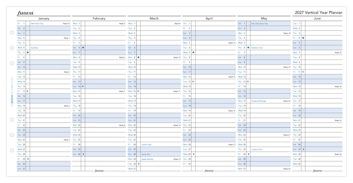 2027 Filofax A5 Year Planner Refill, Vertical, 148mm x 210mm