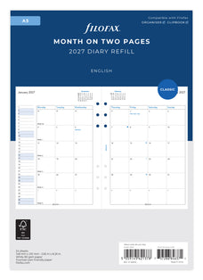 2027 Filofax Classic A5 Year Planner Refill, Month To View, 148mm x 210mm