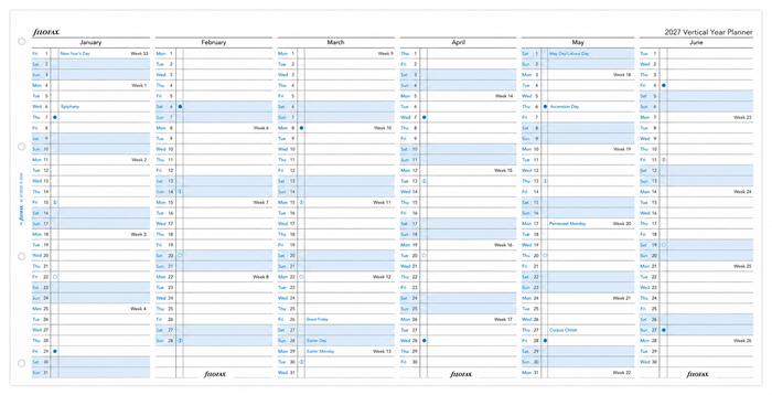 2027 Filofax A4 Year Planner Refill, Vertical, 210mm x 297mm