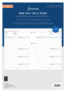 2027 Filofax Classic A4 Refill, Week Per Page With Appointments, Multi Language, 210mm x 297mm