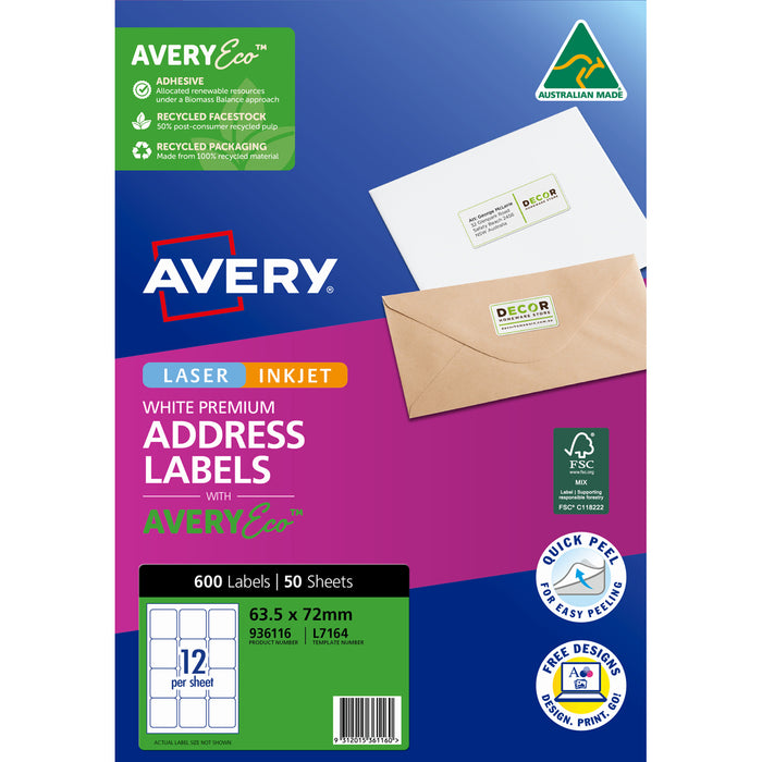 Avery L7164 White Premium Addressing Labels with AveryEco 12up Inkjet & Laser Printable, 50 Sheets