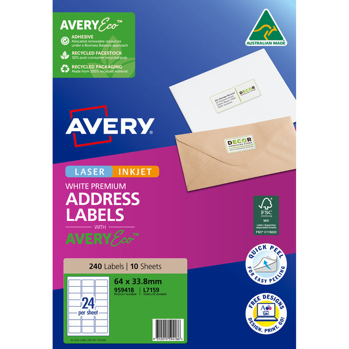 Avery L7159 White Premium Addressing Labels with AveryEco 24up Inkjet & Laser Printable, 10 Sheets