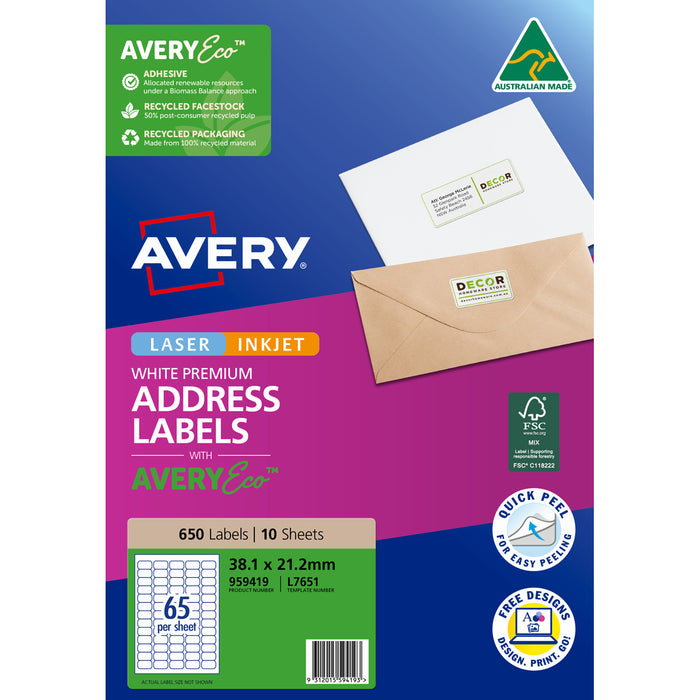 Avery L7651 White Premium Addressing Labels with AveryEco 65up Inkjet & Laser Printable, 10 Sheets