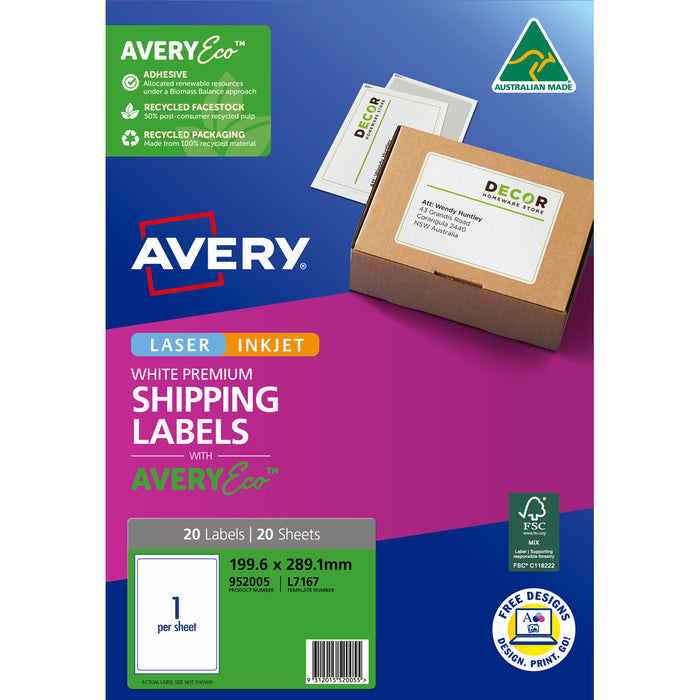 Avery L7167 White Premium Shipping Labels with AveryEco 1up Inkjet & Laser Printable, 20 Sheets