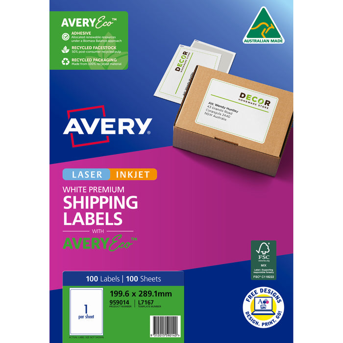 Aver L7167 Whitey Premium Shipping Labels with AveryEco 1up Inkjet & Laser Printable, 100 Sheets