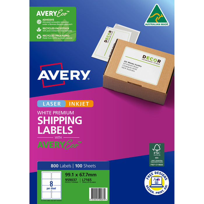 Avery L7165 White Premium Shipping Labels with AveryEco 8up Inkjet & Laser Printable, 100 Sheets