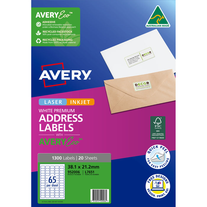 Avery L7175 White Premium Addressing Labels with AveryEco 65up Inkjet & Laser Printable, 20 Sheets