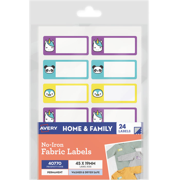 Avery 40770 No-Iron Fabric Labels Assorted Cute Animal Designs 24 Labels on A6 Sheet