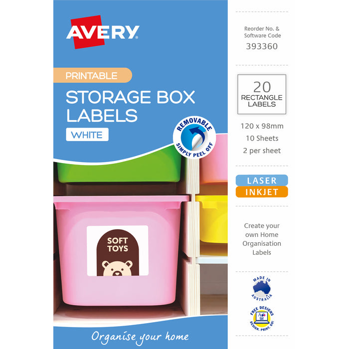 Avery A5 Rectangle Removable Storage Labels 20's Pack, A5 Sheet (10 Sheets x 2up)