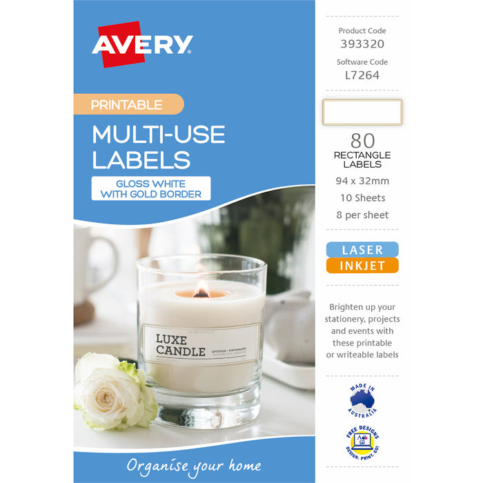 Avery L7264 Gloss White with Gold Border Rectangle Printable Labels 80's Pack, A5 Sheet, Laser & Inkjet Printable