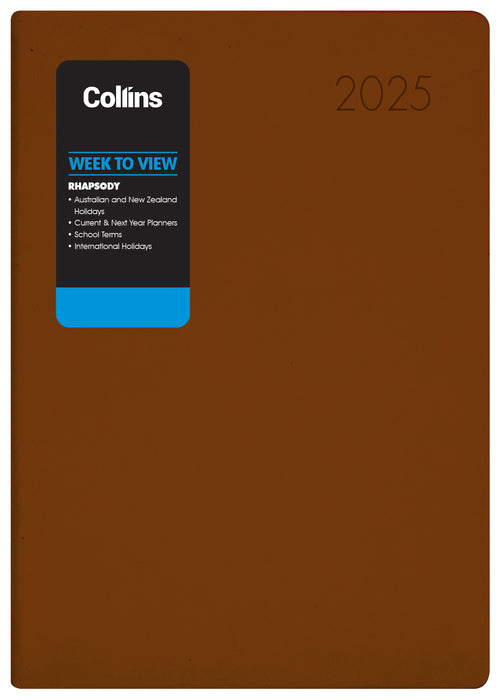 2025 Collins Rhapsody A73 Diary, Week To View, Soft Touch Skiver PU Cover, Cappuccino, 74mm x 105mm