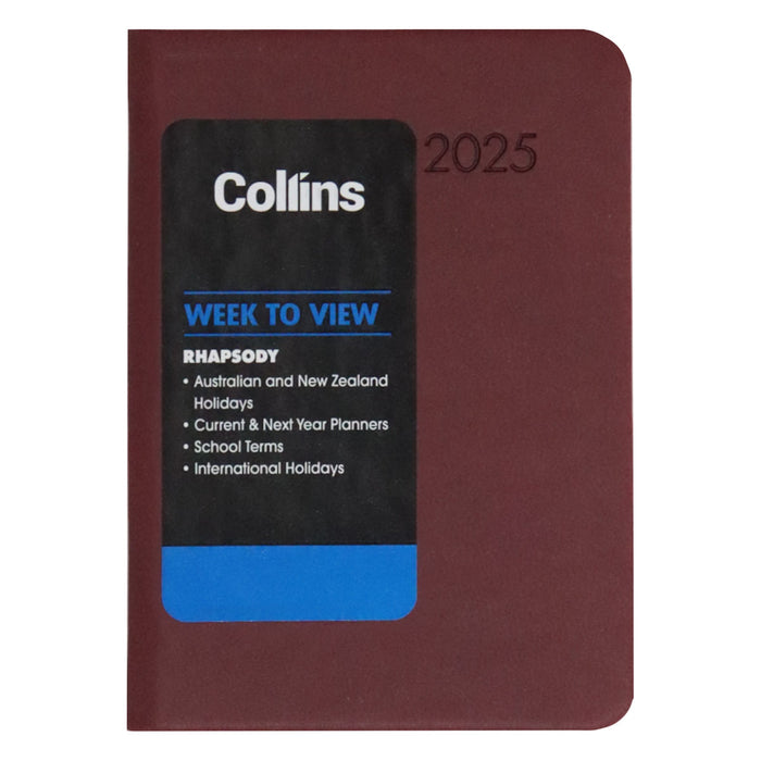 2025 Collins Rhapsody A73 Diary, Week To View, Soft Touch Skiver PU Cover, Maroon, 74mm x 105mm