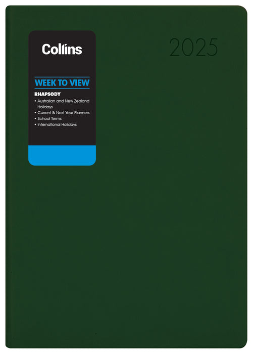 2025 Collins Rhapsody A73 Diary, Week To View, Soft Touch Skiver PU Cover, Racing Green, 74mm x 105mm