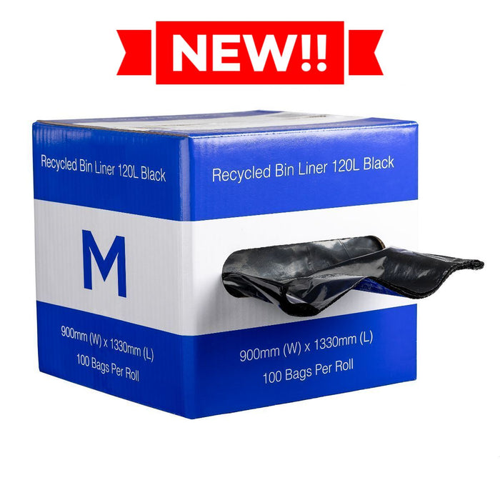 120L Black Recycled Bin Liners x 100's pack (900mm x 1330mm x 35mu) MPH2616