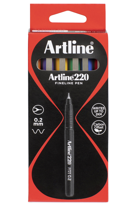 Artline 220 Fineliner Pen 0.2mm Assorted Colours x 12's Pack