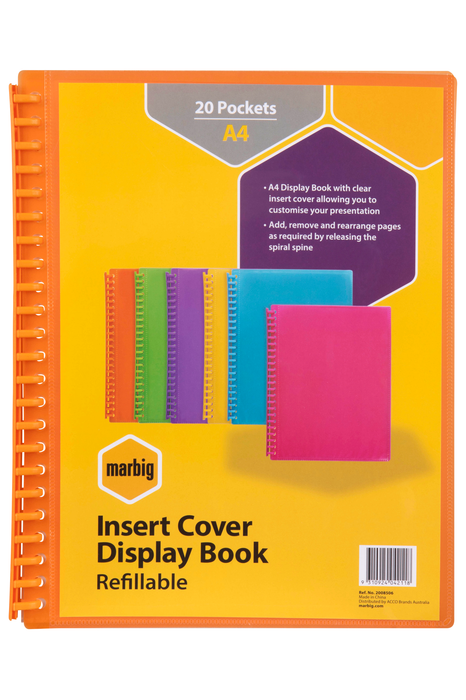 Marbig A4 20 Pocket Insertable Cover Refillable Display Book, Orange Cover