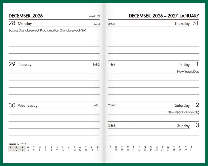 2027 Collins Pocket Diary A73P, Week To View, PVC Cover, Green, 74mm x 105mm