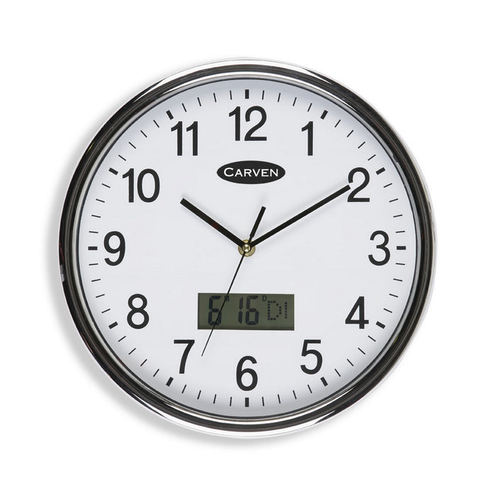 Carven Quartz Wall Clock With Day+Date 285mm Silver