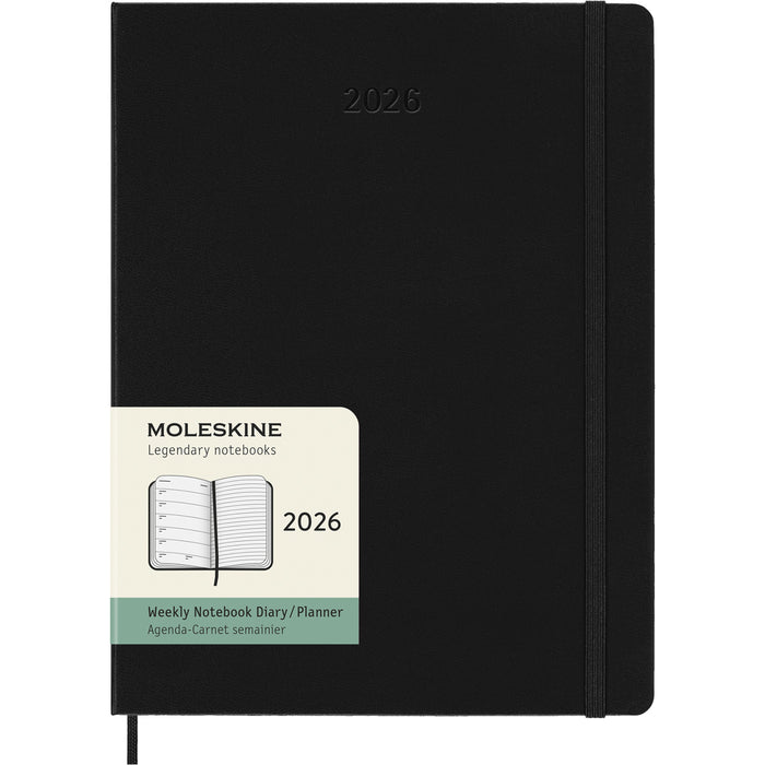 2026 Moleskine 190mm x 250mm Hard Cover Diary plus Notes, Week To View, Black