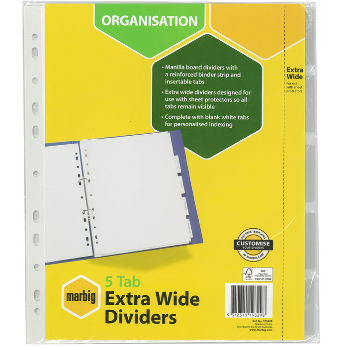 Marbig A4 Extra Wide White Manilla Indices/Divider, 5 Tabs