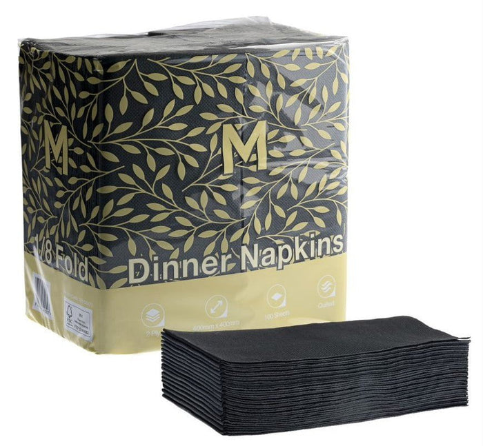 2 Ply 1/8 Fold Quilted Dinner Napkins 400mm x 400mm - 8 Packs x 100 Sheets (800 Napkins) - Black MPH38470