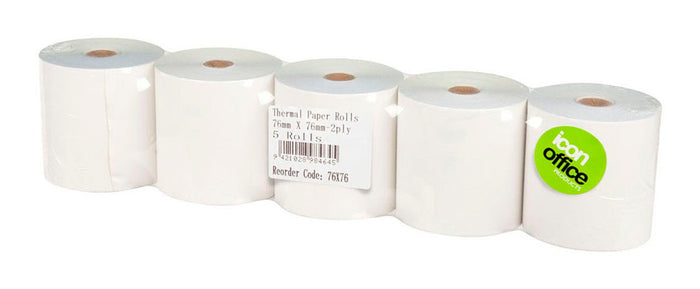 2 Ply 76mm x 76mm Thermal Paper Roll x Pack of 5 Rolls FPITR76X76