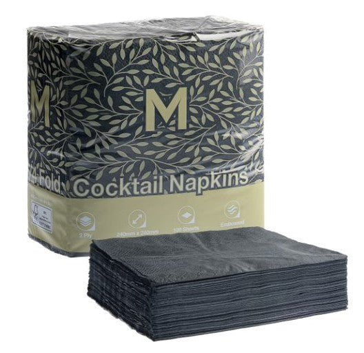 2 Ply Cocktail Napkins 240mm x 240mm - 20 Packs x 100 Sheets (2000 Napkins) - Black MPH38415
