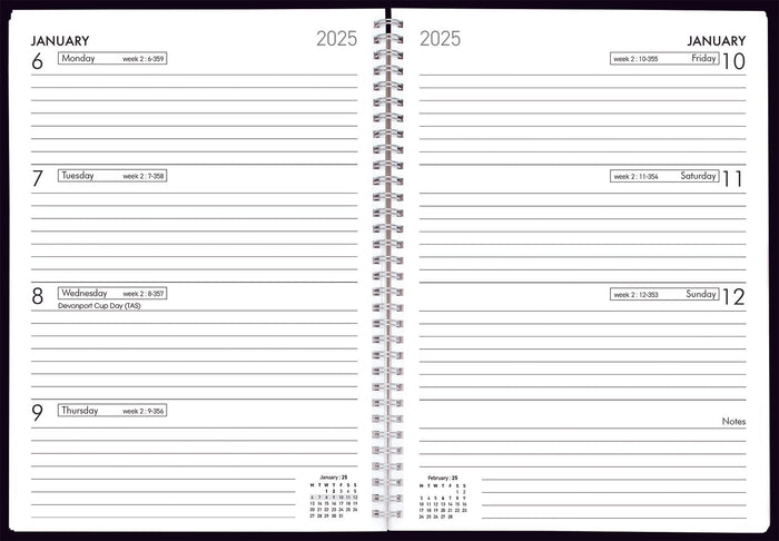 2025 Collins Diary A53W, Week To View, Gloss Art Board Cover, Assorted Colours, Wiro Bound, 148mm x 210mm CX160350