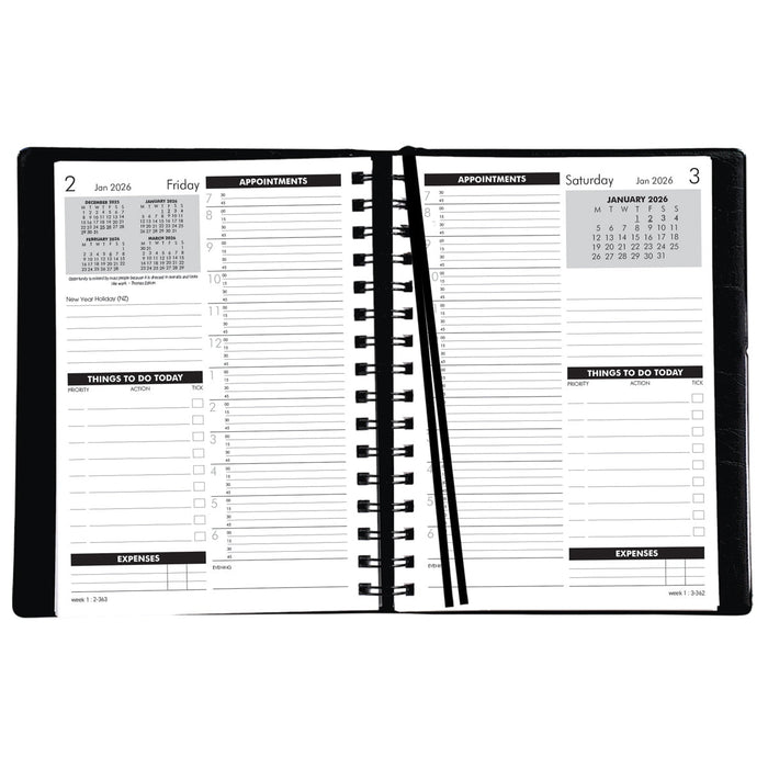 2026 Collins MDA51A-TM A5 Time Manager Appointment Diary, Day Per Page, Wiro Bound, PVC Slip Case Cover, Black CX438009