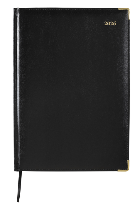 2026 Cumberland A4 Leathergrain Padded Casebound Corporate Diary, Day To A Page, Black AO41CFBK26-DO