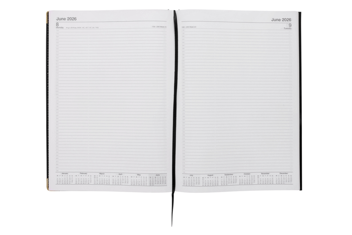 2026 Cumberland A4 Leathergrain Padded Casebound Corporate Diary, Day To A Page, Black AO41CFBK26-DO