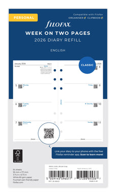 2026 Filofax Classic Refill, Week To View, Personal, 95mm × 171 mm CX1001668