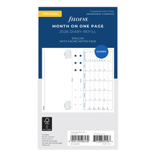2026 Filofax Personal Refill Classic, Month To A Page With Notes, 95mm x 171mm CX1001665