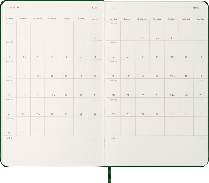 2026 Moleskine Diary 12 Month Weekly + Notes, Hard Cover, Myrtle Green, Large 130mm × 210mm CX1001735