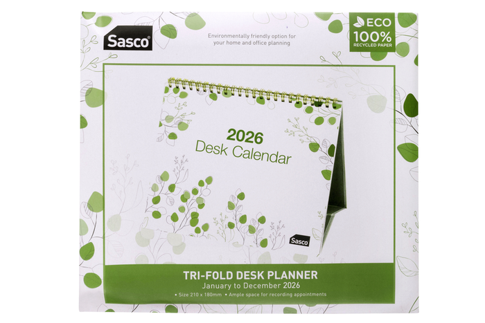 2026 Sasco Eco Trifold Desk Calendar 210mm x 180mm AO1070426