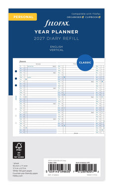 2027 Filofax Personal Refill Year Planner, Vertical, 95mm x 171mm CX1002890