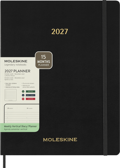 2027 Moleskine Essential 13 Month Soft Cover Vertical Weekly Planner XXL 216mm x 279mm Black CX1002743