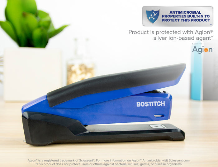 Bostitch Low Force Stapler, InPower Premium Antimicrobial, Blue, Full Strip, 20 Sheet