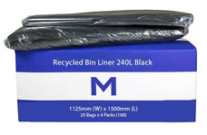 240L Black Recycled Bin Liners x 100's pack (1125 x 1500mm x 50mu) MPH2635