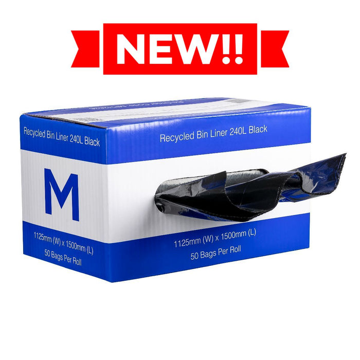 240L Black Recycled Bin Liners x 50's pack (1125mm x 1500mm x 35mu) MPH2636