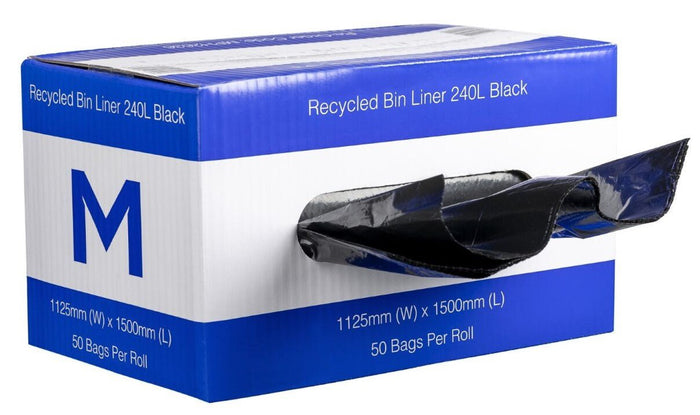 240L Black Recycled Bin Liners x 50's pack (1125mm x 1500mm x 35mu) MPH2636