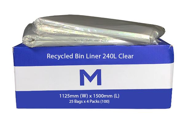 240L Clear Recycled Bin Liners x 100's pack (1125 x 1500mm x 50mu) MPH2650